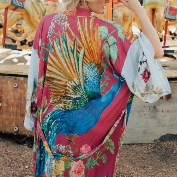 The Marie Antoinette Boho Double Layer Luxury Kimono Duster In Bird Floral Print - Picture 13 of 13